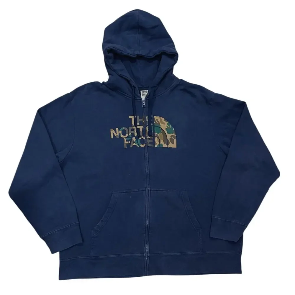 North Face Hoodie Mens XXL Navy Full Zip Fleece Sweatshirt Logo Camo Gorpcore